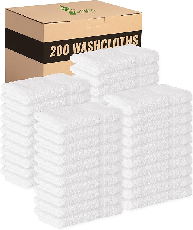 GREEN LIFESTYLE 12x12 Cotton Washcloths - 200 Pack Sets -100% Cotton Wash Cloths, Soft Absorbent Face Towels, Bulk Washcloths for Body, Bathroom, Shower and Daily Use (White)