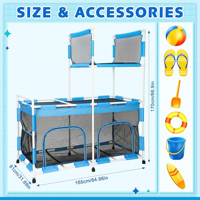 Briwooody 2-Tier Pool Float Storage Bin, 333 Gallon Large Rolling Pool Toy Organizer with Wheels, 67" H Outdoor Mesh Storage Cart with Zipper & Hooks for Floats, Noodles, Towels, Backyard, Patio