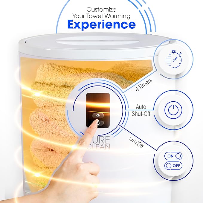 PureClean Towel Warmer Bucket, Portable Blanket Heater for Bathroom and Spa, Customizable Fragrance, Auto Shut-Off, Fits 2 Large Towels, Blankets and Bathrobes, LED Display, Adjustable Timer, Blue