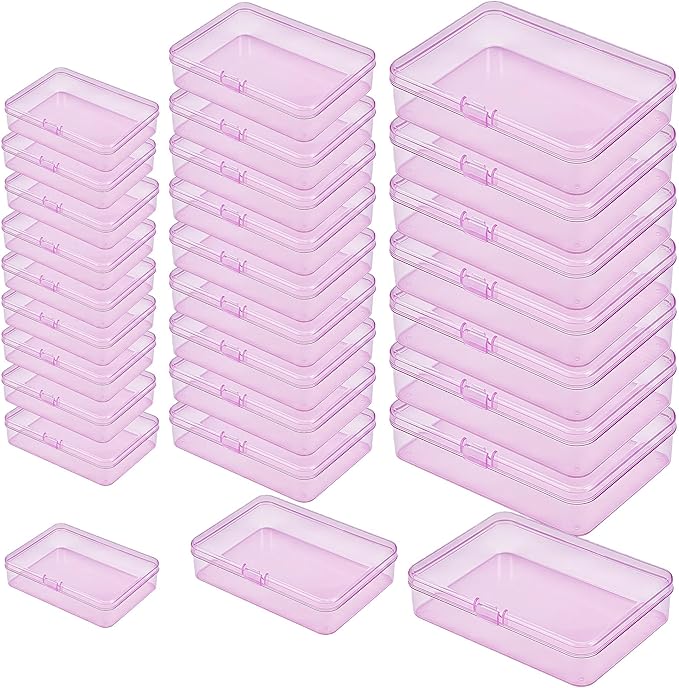 LJY 28-Piece Plastic Storage Containers with Lids (3 Assorted Sizes), Rectangular Organizer Box Set Pink Tinted Organizer Cases for Sewing, Stickers & Crafts, Color-Coded Storage, Pink