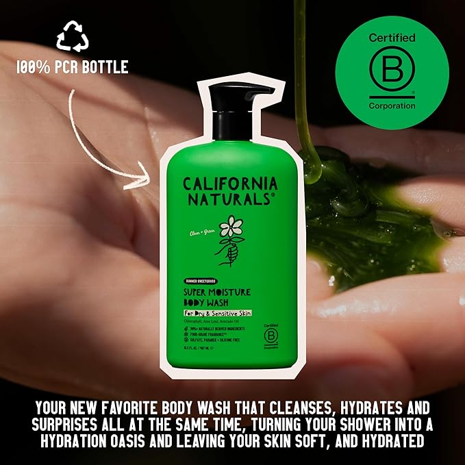 California Naturals Super Moisture Body Wash, Gentle Shower Gel Cleanser for Dry, Sensitive Skin, Moisturizing & Hydrating, Natural, Vegan, Paraben & Sulfate Free Body Moisturizer, 16.5 fl oz
