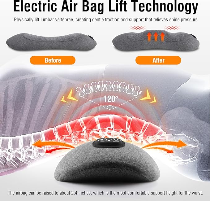 USUIE 3-in-1 Rechargeable Electric Lumbar Support Pillow with Heat & Massage & Traction, Ergonomic Lower Back Massager for Pain Relief Deep Tissue, Ideal for Car/Bed/Sleeping/Office Chair/Travel