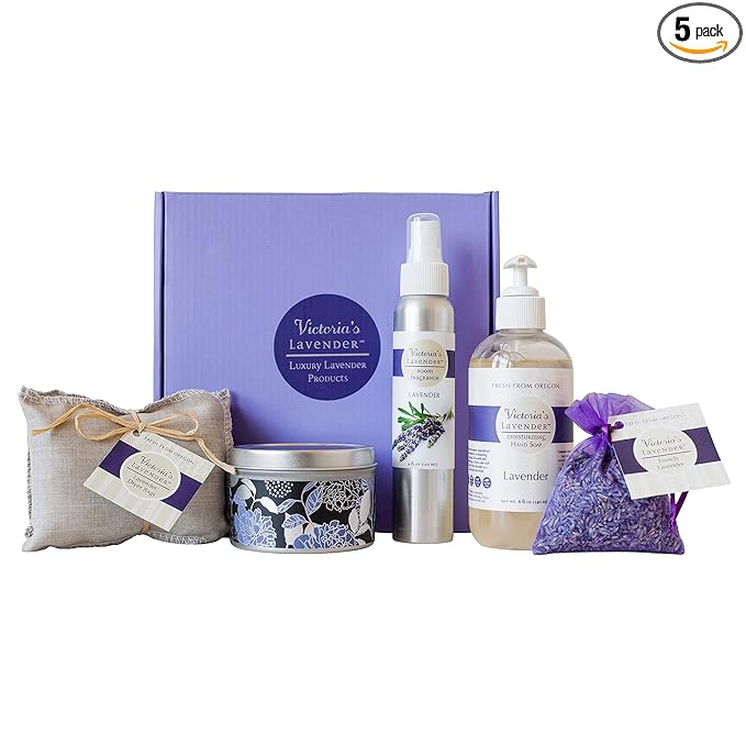 Victoria's Lavender Home Essential Products Set - Made in the USA Collection, Includes Soy Candle, Room Spray, Hand Soap, Organza Sachets, Dryer Bags, Ideal Gift Set for Home Buyers - Lavender (5 Pcs)