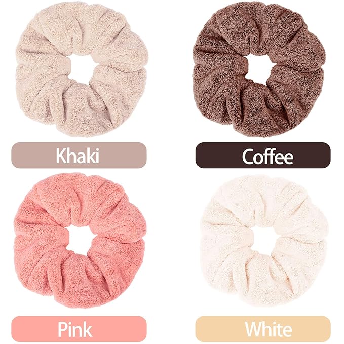 4 Pieces Large Towel Microfiber Drying Soft Scrunchies Thick Scrunchies Fuzzy Scrunchy Ponytail Holder for Hair Light Bobbles Ropes Wet and Dry Hair Accessories (Bright Colors)