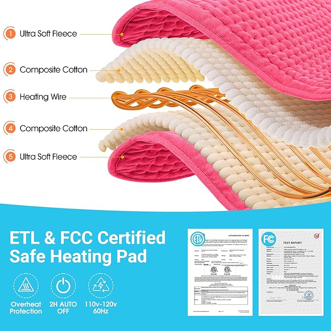 Boileau Electric Heating Pad for Back Pain and Period Cramps Relief, 17"x33" Extra Large XXXL, 3 Heating Levels Heat Pad with 2-Hour Auto Shut Off, Gifts for Women and Mom, Pink