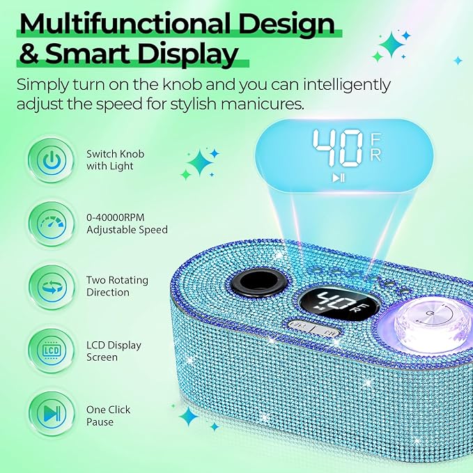 JOSGLOI Electric Nail Drill Professional: Shiny 40000RPM Electric Nail File Kit E File Nail Drill Machine with LCD Display for Acrylic Gel, Manicure Pedicure Polishing Grinder for Salon Home, Diamond