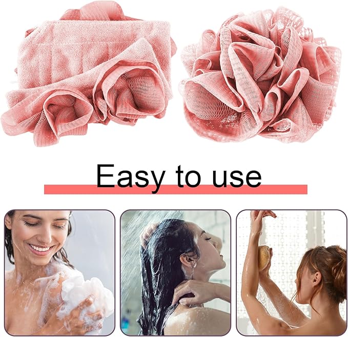 3 Pcs Washcloth Loofah Combo, 2 in 1 Bath Loofah Sponge with Drawstring, Exfoliation Mesh Shower Puff Ball for Body Wash Cleansing and Smooth Skin (Grey Coffee Pink)