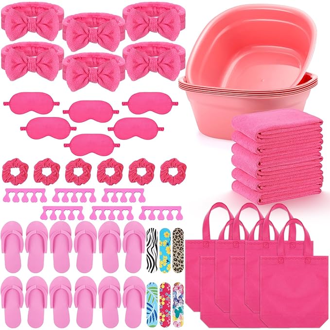 Thiccywoov 54Pcs Kids Foot Spa Party Supplies for Girl Spa Party Favors 6 Washbasin 6 Tote Bags 6 Hand Towels 6 Toe Separators 6 Hair Scrunchies 6 Hairband 6 Slipper 6 Eye Mask 6 Nail File(Rose Red)