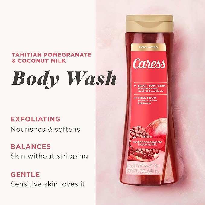 Caress Tahitian Pomegranate & Coconut Milk Exfoliating Scrub Body Wash with Hyaluronic Acid & Vitamin B3 for Moisturized, Silky Soft Skin, Long-Lasting Fragrance, 20 fl oz (4 Pack)