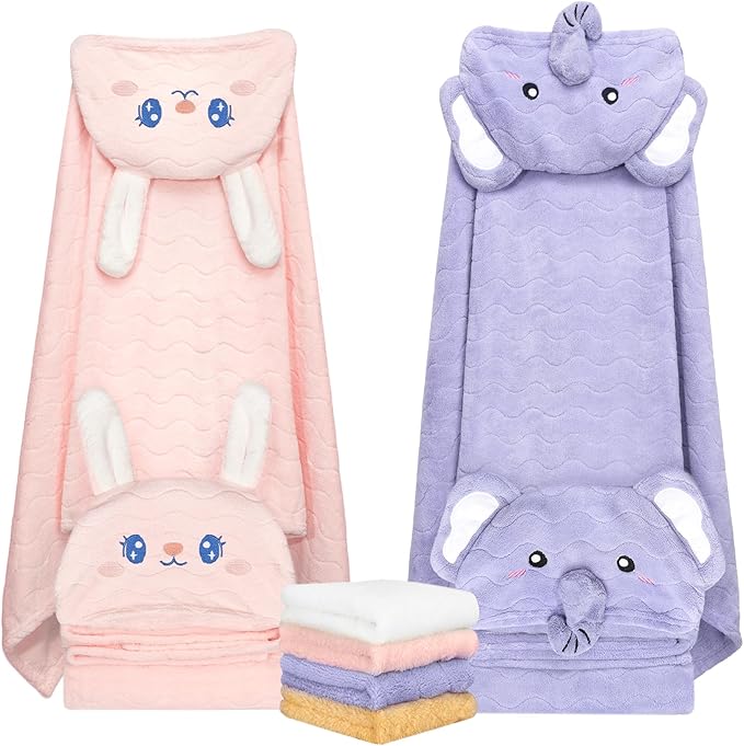 6 PCS Toddler Bath Towel Set for Boy Girl 0-5 Year, 2 PCS Thick Absorbent Hooded Baby Bath Towels Large 55" x 27.5" & 4 PCS Washcloths, Ultra Soft Gifts for Infant, Toddler, Kids, Rabbit & Elephant