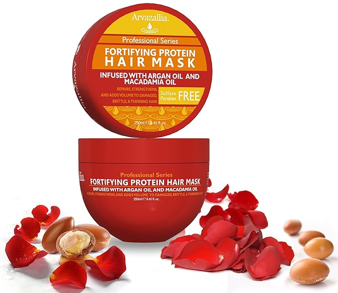 Arvazallia Fortifying Protein Hair Mask and Deep Conditioner with Argan Oil and Macadamia Oil Hair Repair Treatment for Damaged, Brittle, or Thinning Hair - Promotes Natural Hair Growth (Pack of 2)