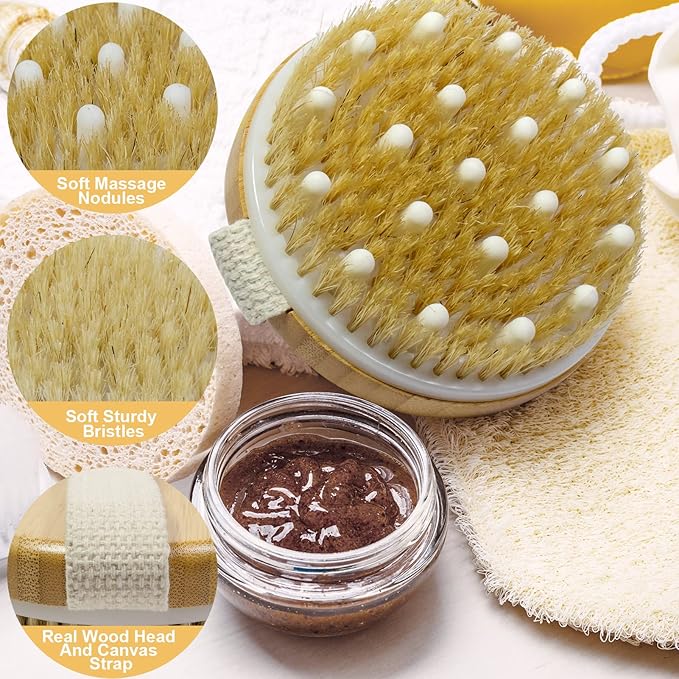Bamboo Dry Body Brushes,Dry Body Scrubber for Dry Skin, Blood Circulation, Cellulite Treatment,Drying Brush Suitable for All Kinds of Skin with Soft and Stiff Bristles