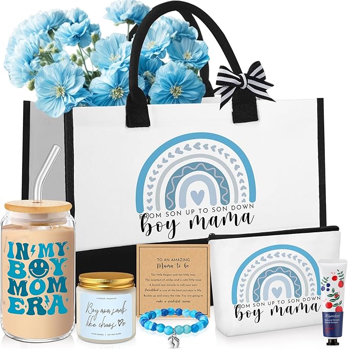 7 Sets Boy Mother Gifts for New Mom Gifts Tote Bag Makeup Bag Candle Bracelet Cup Hand Cream for Mother Day Women After Birth Pregnancy Present First Time Expecting New Mommy Essentials