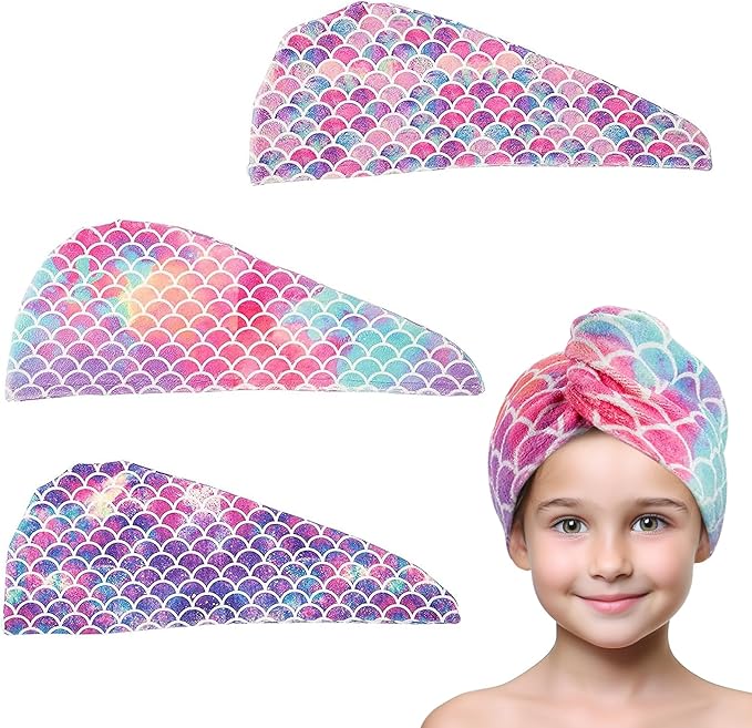 MADHOLLY Fast Drying Microfiber Hair Towel for Kids Women - 3 Packs Soft Super Absorbent Hair Towel Wrap with Button, Anti-Frizz Turban for Thicker Curly Long Hair, Mermaid Pattern Gift for Girls