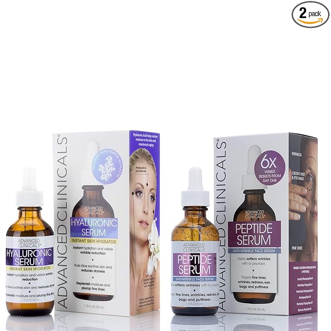 Advanced Clinicals Hyaluronic Acid Moisturizer Face Serum + Collagen Peptide Facial Serum Skin Care Set | Hydrating Serums For Diminishing Appearance Of Wrinkles, Dry Skin, Fine Lines, Set Of 2