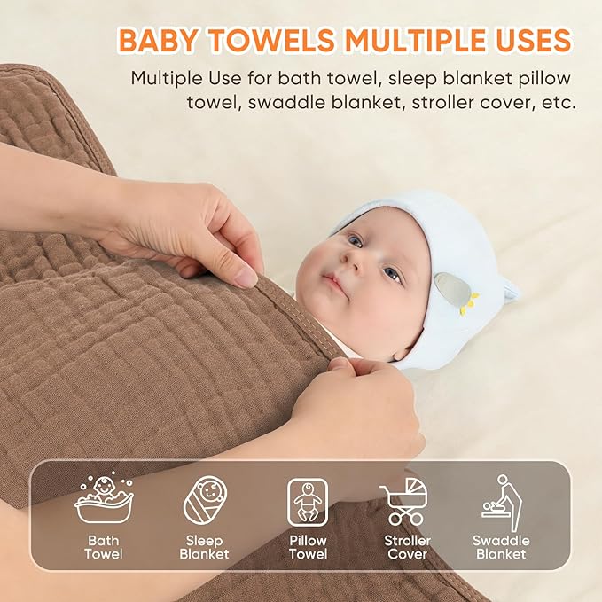 MIGIOL Muslin Hooded Baby Towels 100% Cotton ，Super Soft Muslin Baby Bath Towel - 32 x 32 Inches, Suitable for Newborn and Young Children up to 3 Years Old. (Beige & Coffee)