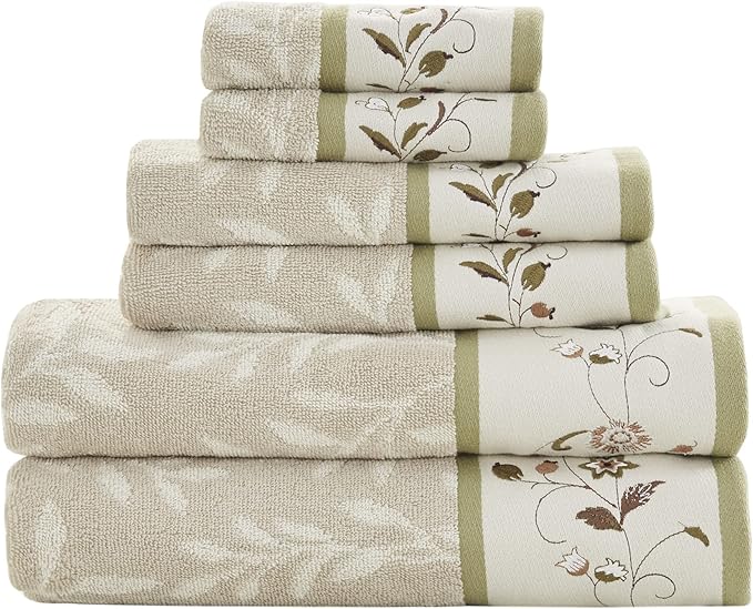 Madison Park Serene 100% Cotton Bath Towel Set Luxurious Floral Decorative Towels for Bathroom Embroidered Cotton Jacquard Design Soft Highly Absorbent for Shower 600 GSM, Multi-Sizes, Green 6 Piece