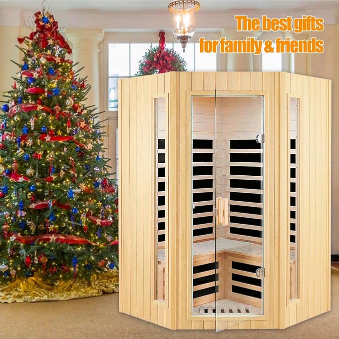 Far Infrared Sauna, 2-3 Person infrared sauna for home, Indoor Home Sauna Canadian Hemlock Wooden Sauna Dry Sauna with 7 Low EMF Heating Panels, Bluetooth Speakers, LED Reading Lights, 1670W