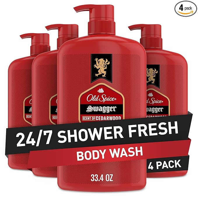 Old Spice Body Wash for Men, Refreshing 3X Defense, 24/7 Shower Fresh with Long Lasting Scent, Red Collection, Swagger with Cedarwood Scent, 33.4 oz (Pack of 4)