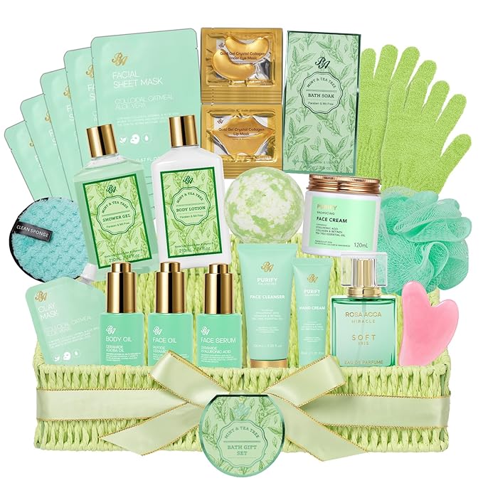 Mothers Day Gifts Basket for Mom, 32 Pcs Tea Tree Spa Gift Basket for Women & Men, Hydrating Face Skin Care Kit, Bath & Body Gift Basket Set, Self-Care Gift Set, Birthday, Anniversary