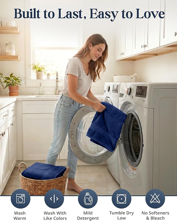 LANE LINEN Luxury Cotton Bath Towel Set - 6 Piece - Low Twist, Soft & High Absorbency - 2 Bath, 2 Wash cloths, 2 Hand Towels - Classic Hotel Quality, Durable & Ideal for Modern Bathrooms - Navy Blue