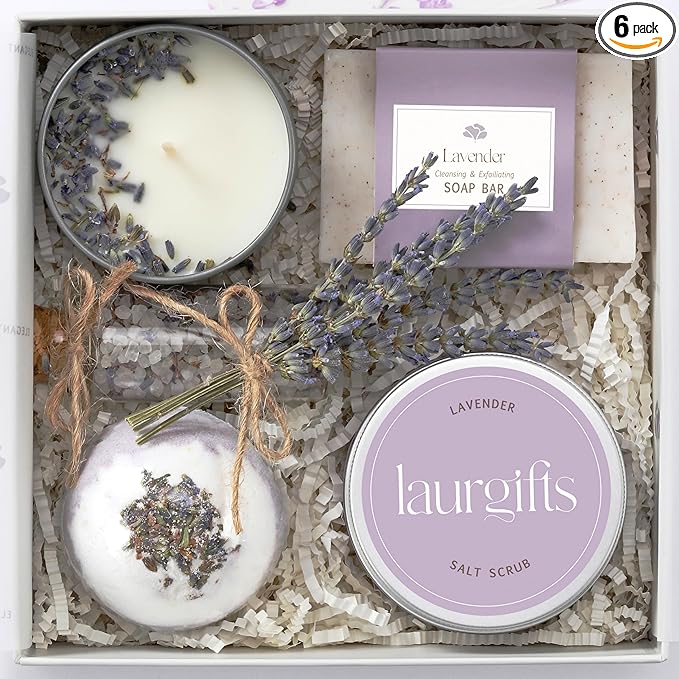 Mothers Day Gifts for Mom – Lavender Spa Gift Box, Small Candle Set with Bath Gifts, Relaxing Self Care Basket, Birthday Gift for Women
