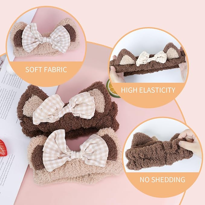 PERFECTSIGHT Kawaii Headband for Spa, Makeup, Washing Face, Party - 2 Pack Cute Cat Ear Hair Band for Shower Beauty Skincare, Soft Facial Headbands for Girls and Women (Beige+Coffee Bow)