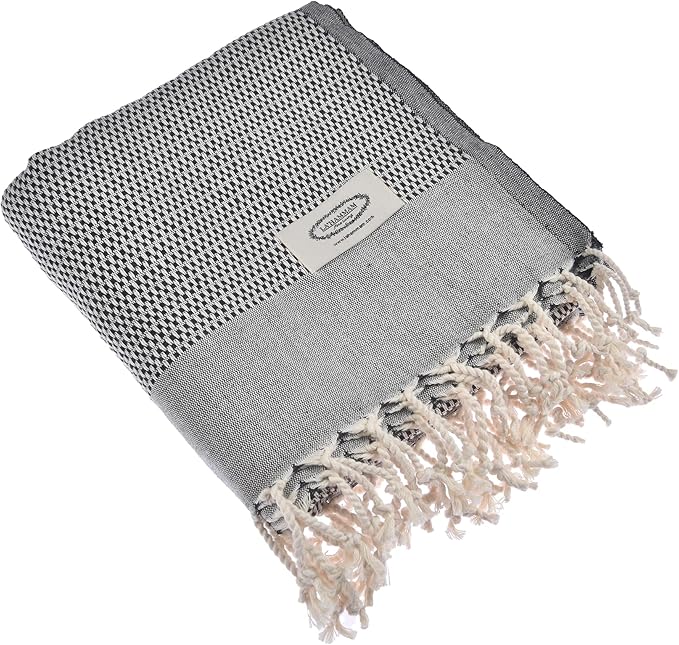 Beach Towel | Cotton Beach Towels, Easy to Carry, Sand Free, Highly Absorbent, Quick Dry, Turkish Towels for Travel Camping Bath Sauna Beach Gym Pool Yoga SPA by Lahammam, Akasya, Black