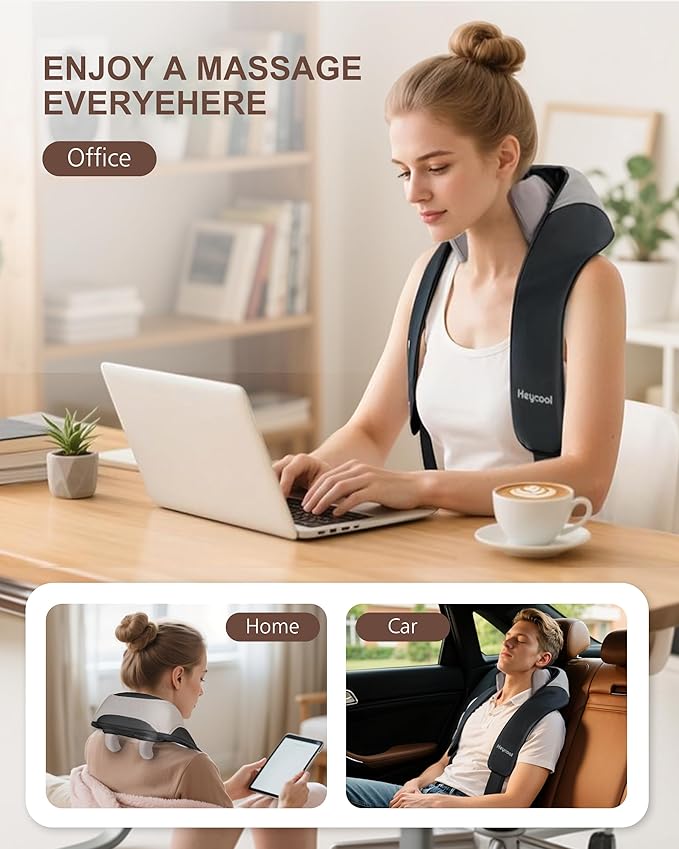 Heycool Cordless Neck Massager with Heat, Shiatsu Neck Shoulder Massager for Pain Relief Deep Tissue, 2 Heating Areas, 3 Modes Kneading Back Massager Presents/Gifts for Women, Men