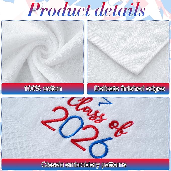 MASHAN Class of 2026 Graduation Hand Towels 3 Pack,100% Cotton Soft Absorbent Bathroom Towels,Senior 2026 Graduation Gift for Girls Boys,Blue Red Decorative Towels 14x30 Inch