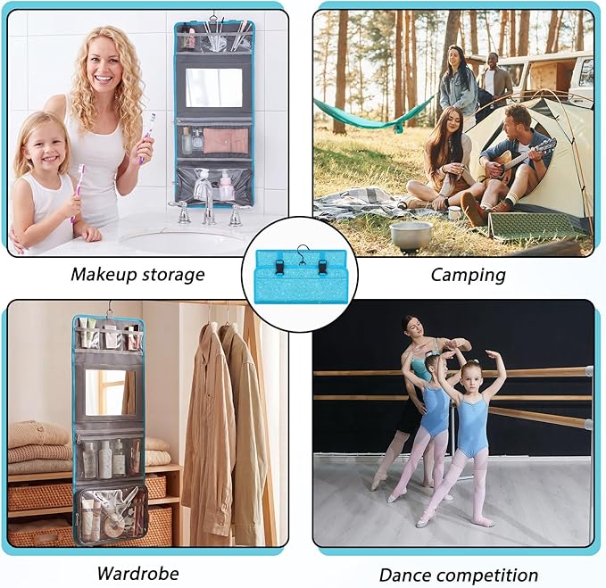 Travel Hanging Toiletry Bag with Mirror Leather Travel Hanging Mirror Foldable Dance Competition Makeup Bag Backstage Cosmetic Organizer for Traveling Dancers Spa(Glitter,Blue)