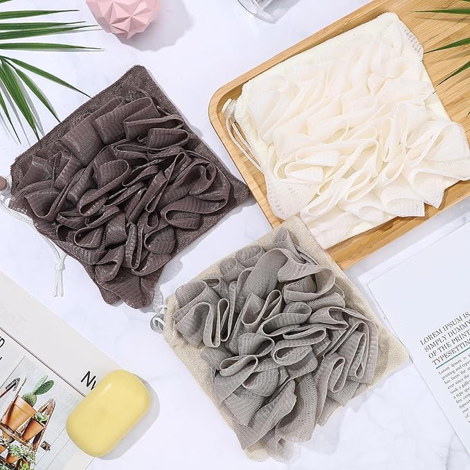 3 Pcs Washcloth Loofah Combo, 2 in 1 Bath Loofah Sponge with Drawstring, Exfoliation Mesh Shower Puff Ball for Body Wash Cleansing and Smooth Skin (Grey Coffee Beige)