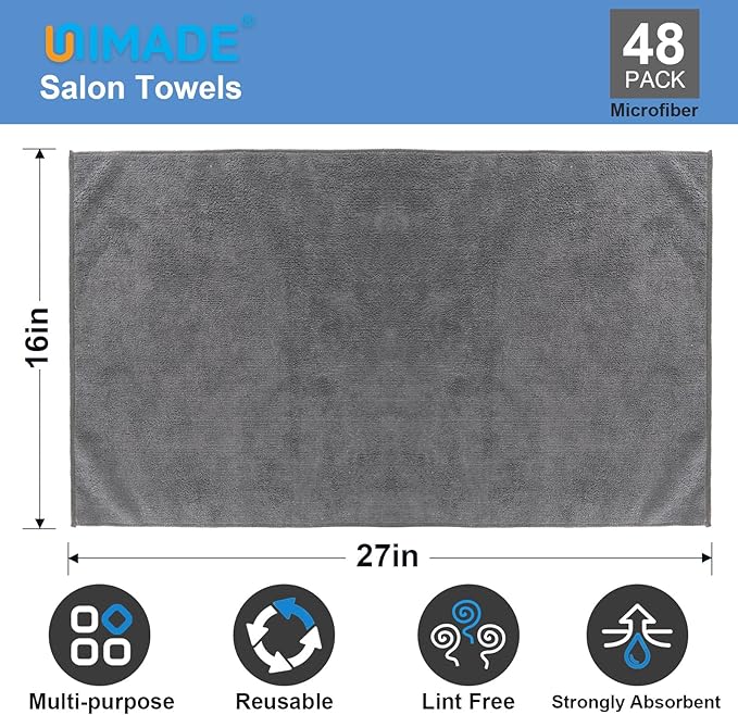 UNIMADE 48 Pack Gym Towels Set - Highly Absorbent and Quick Drying Microfiber Salon Towels, Premium Hand Cloths for Bathroom, Gym, Shower, Hotel, and Spa - 16x27 inch (Grey)