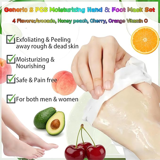 8 Piece At-Home Hand & Foot SPA Hydrating Mask Set (4 Hand + 4 Foot) - Avocado/Vitamin C/Peach/Cherry | Long-Lasting Moisture | Targets Dry Rough Skin | Self-Care Skincare