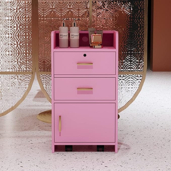 SSLine Modern Salon Station Pink Floor Stand Styling Sation Wood Salon Cabinet for Hair Stylist Barber Shop Classic Beauty Spa Storage Table with Drawers,Cupboard and Tool Insert Holes