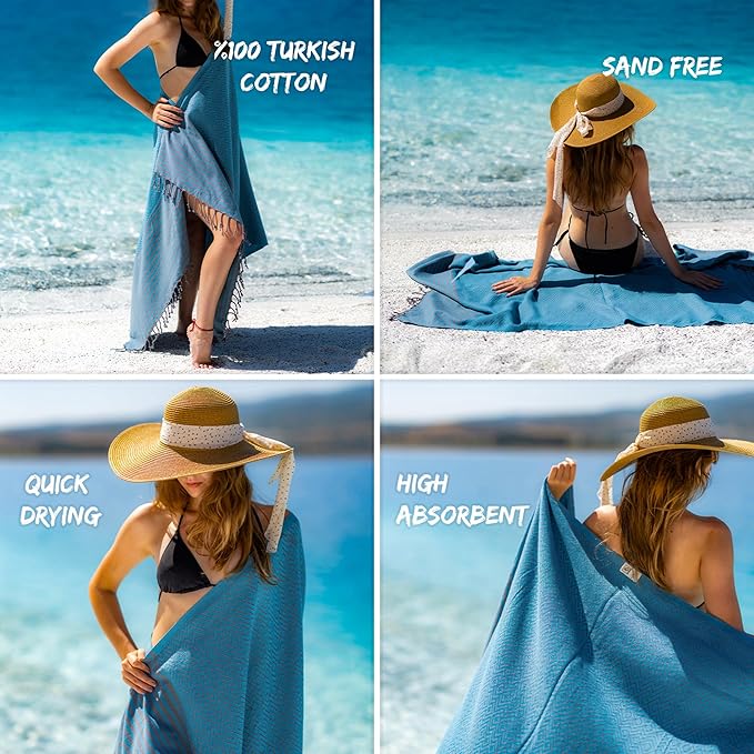 RAY SILVER Turkish Beach Towel – 100% Turkish Cotton 40"x71" Quick Dry Oversized Beach Towel Sand Free Lightweight Turkish Towel for Travel Camping Bath Sauna Beach Pool Gym Yoga
