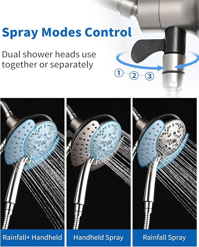 INAVAMZ 2.5GPM Shower Heads with Handheld Spray Combo: 7.2" Rainfall Shower Head & Hand Held Shower Head 2-IN-1 Shower Head with 60" Rotatable Stainless Steel Hose Nickel, Shower Trim Systems