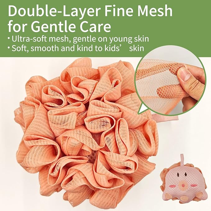 Kids Loofah,Cute Octopus & Bear Bath Sponge,Double-Layer Soft Mesh Loofah for Kids,Gentle Exfoliating Body Scrubber with Rich Foam for Boys & Girls