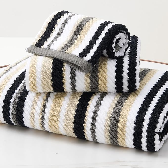 VOOVA & MOVAS Quick Dry Soft Absorbent Black Striped Towel Set (Set of 3) - 100% Cotton Luxury Bathroom Towels (1 Hand Towel 16"x27", 1 Washcloth 13"x13", 1 Bath Towel 28"x52" with Hanging Loop)
