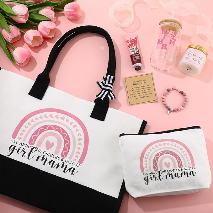 7 Sets Girl Mom Gifts for New Mom Gifts Tote Bag Makeup Bag Candle Bracelet Cup Handcream for Mother Day Women After Birth Pregnancy Gift First Time Expecting New Mommy Essentials
