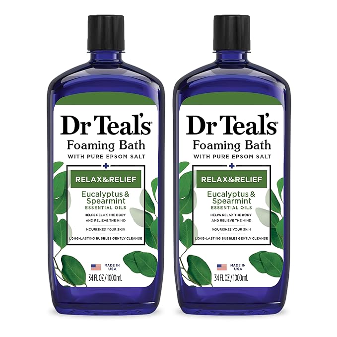 Dr Teal's Foaming Bath with Pure Epsom Salt,Relax & Relief with Eucalyptus & Spearmint,34 fl oz,2 Count (Pack of 6)