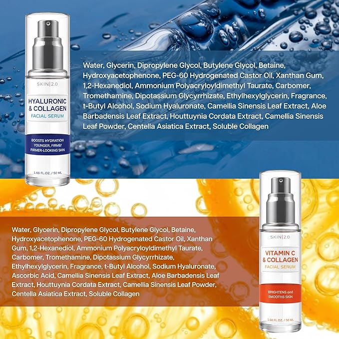 Skin 2.0 Hyaluronic & Collagen + Vitamin C Face Serum – Dermatologist Tested, Anti Aging, Korean Skin Care – Deep Hydration, Smooths Fine Lines – Vegan, Clean Beauty - Pack of 2
