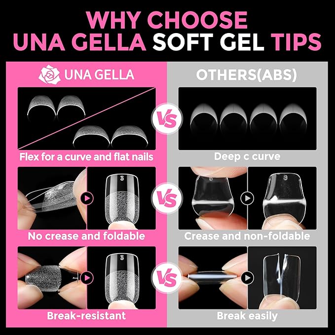 UNA GELLA Short Square & Squoval Nail Tips 216pcs Pre-Etched Short Square Round Oval Press on Nails Squoval Clear Acrylic Fake Full Cover Gel Nails Tips for Nail Extensions Home DIY Salon 12 Sizes