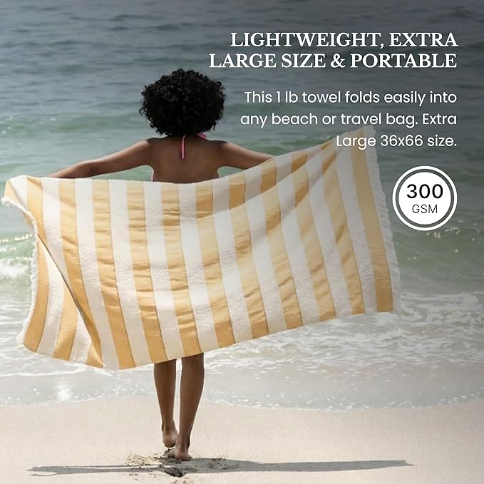 Lightweight Turkish Beach Towel - 100% BCI Cotton, Unbleached Raw Fringe, Oeko-TEX Certified, Absorbent, Eco-Friendly, 36x66”, Golden Lucuma & Natural Stripes, Portable Sarong Blanket for Pool, Travel