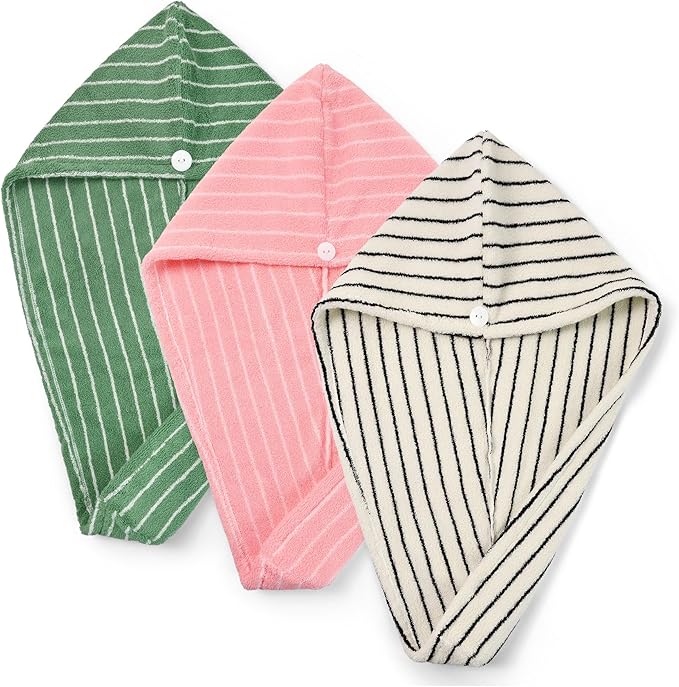 Jacquotha Cotton Hair Towels Wrap for Women, 3 Pack (Black, Pink, Green) – Quick Drying Hair Turban Towel for Wet Hair, 25” x 9.5”, Shower Spa Travel