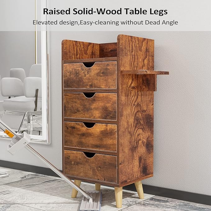 OmySalon 4 -Layer Salon Station Storage Cabinet, Beauty Barber Styling Stations, Hair Stylist Station Equipment with 2 Hair Dryer Holders, 4 Drawers and Raised Table Legs, Rustic Brown