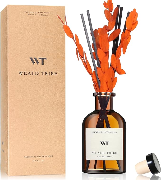 WEALD TRIBE Reed Diffuser Set for Bathroom Air Fresheners, Oil Diffuser Sticks | Sandalwood & Ebony Scent 4.0 fl oz Home Fragrance with Sticks Defusers | House Bedroom Office Shelf Decor