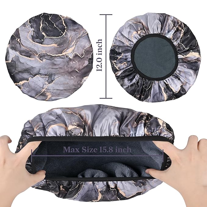 Black Marble Print Satin Shower Cap, Three-Layer Terry Cloth Lined, with Silk Hair Ties, Microfiber Waterproof Reusable Large Size Shower Cap for Women Long Thick Hair