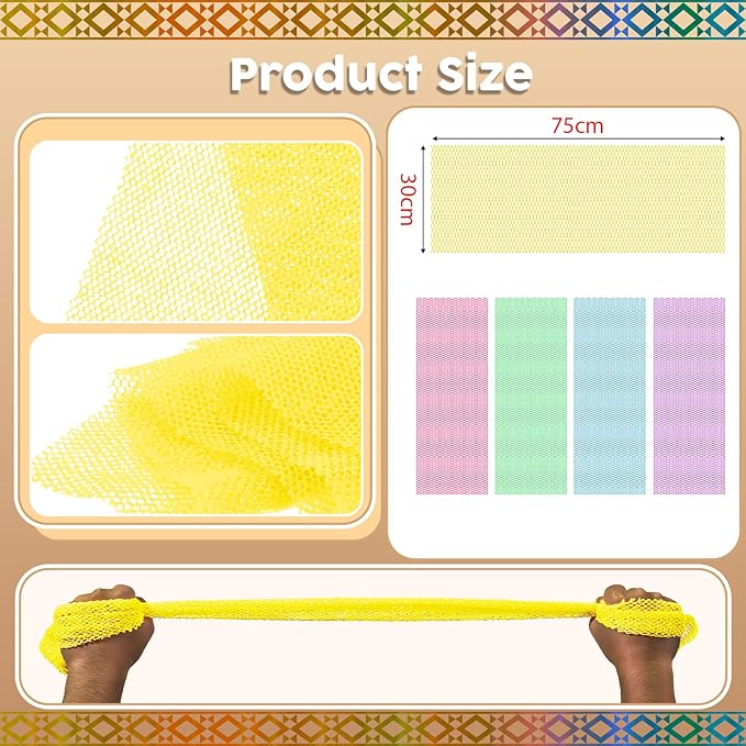 5 Pieces African Net Sponge – Deep Cleansing & Exfoliating Mesh for Glowing Skin – Stretchable, Quick-Dry Material for Daily Shower Use (Yellow, Pink, Purple, Blue, Green)
