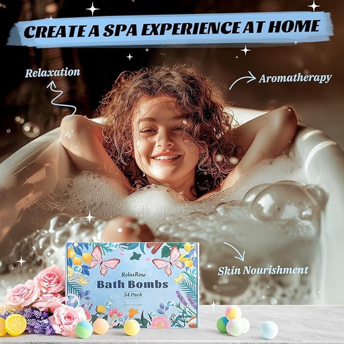 54 Pack Handmade Bath Bombs – 11 Vibrant Colors & 9 Unique Scents, Long-Lasting Fizzy Bubbles & Colorful Magic, 7-Minute Dissolve for Relaxation, Perfect for Birthdays & Summer Self-Care
